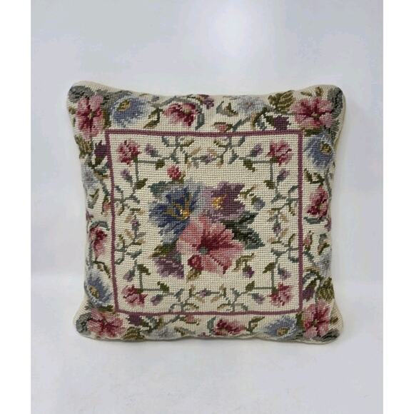 VTG Floral Needlepoint Pillow Velvet Back 14x14 Cottagecore Bouquet Grandma - Picture 1 of 4